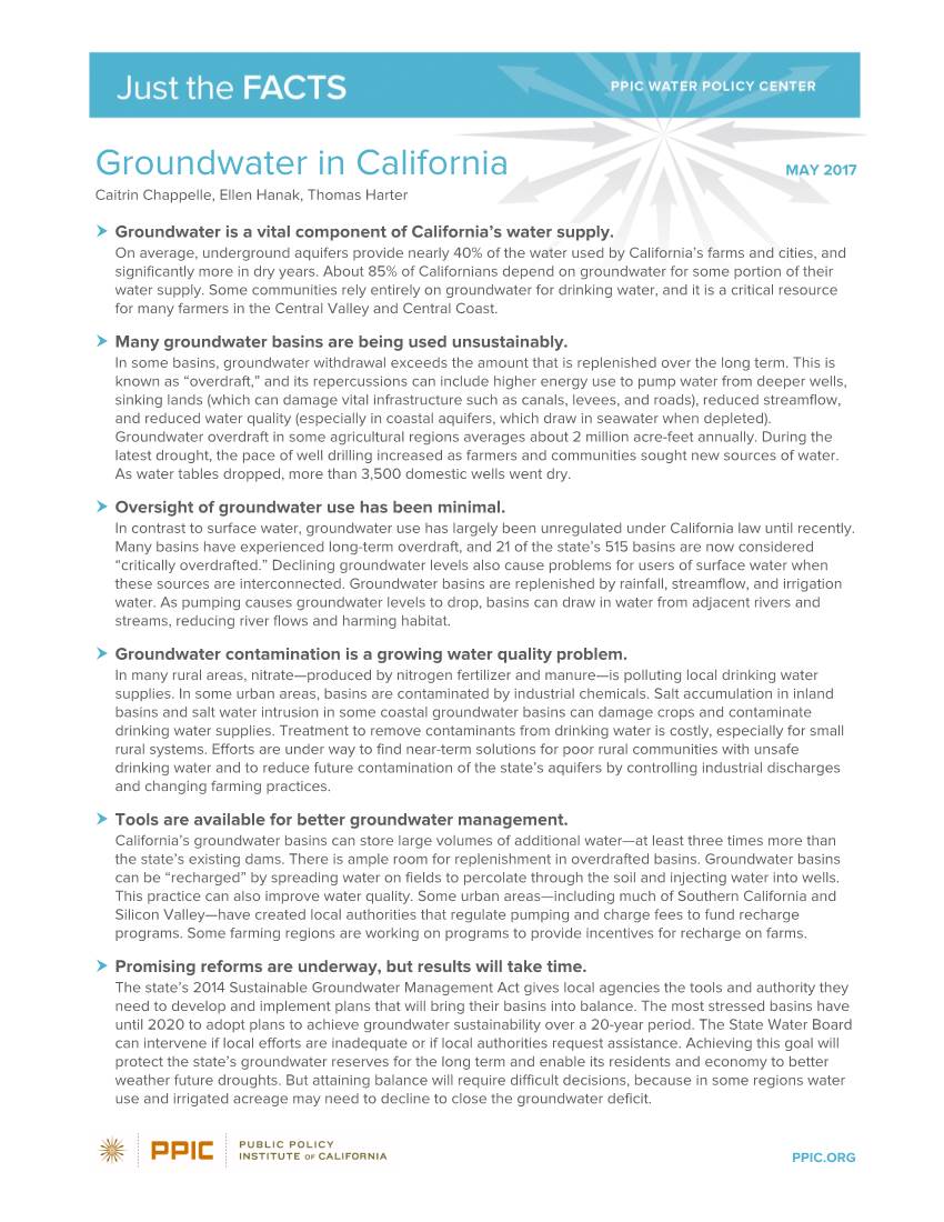 Groundwater in California MAY 2017 Caitrin Chappelle, Ellen Hanak, Thomas Harter
