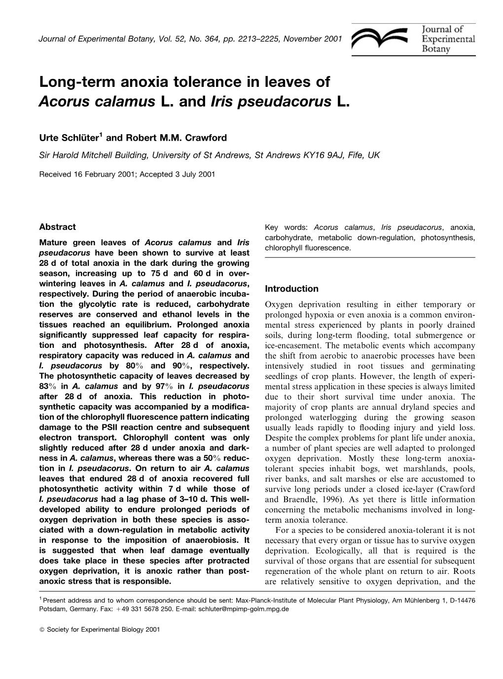 Long-Term Anoxia Tolerance in Leaves of Acorus Calamus L. and Iris Pseudacorus L