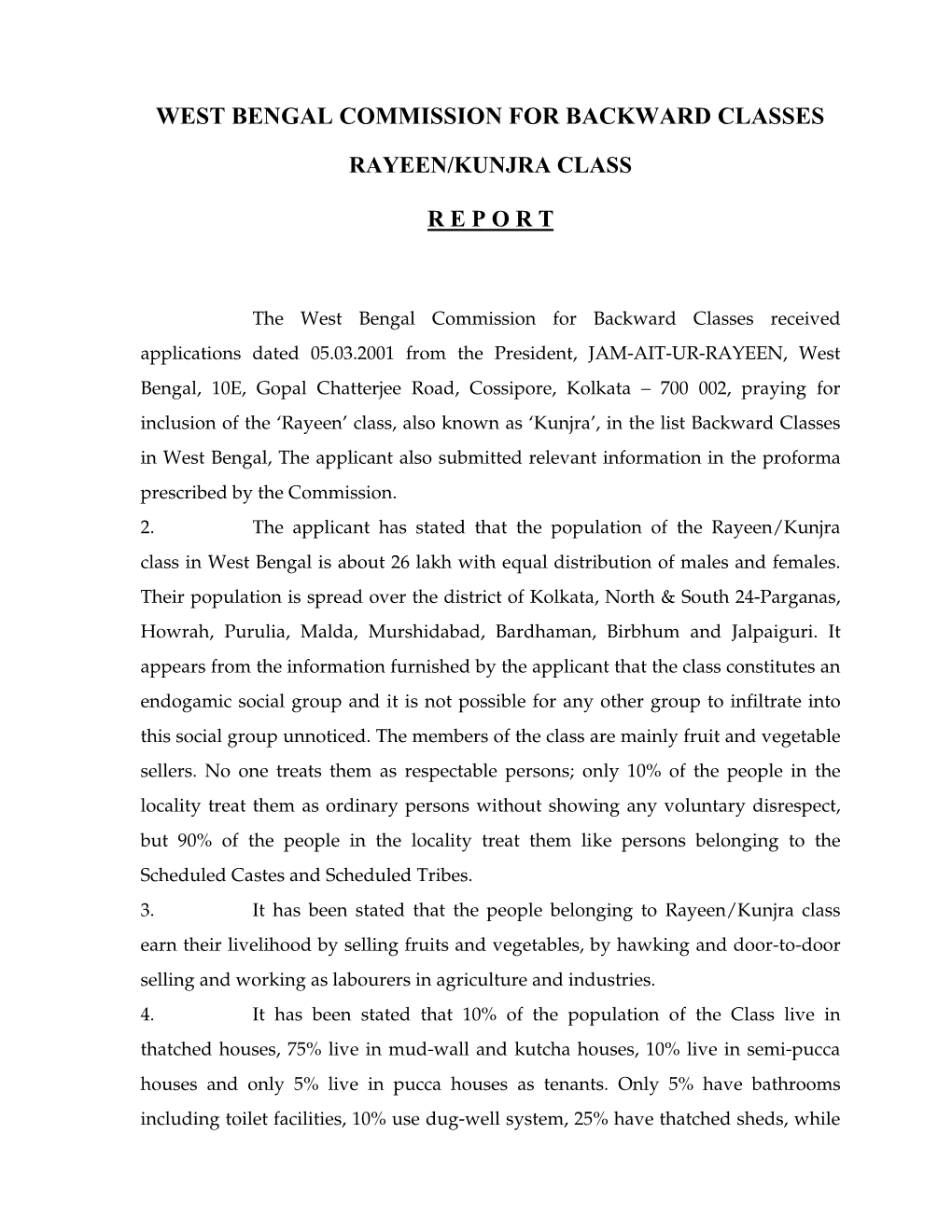 West Bengal Commission for Backward Classes Rayeen/Kunjra Class Report