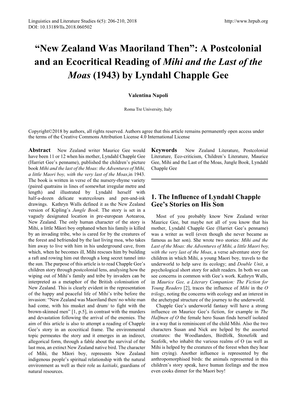 “New Zealand Was Maoriland Then”: a Postcolonial and an Ecocritical Reading of Mihi and the Last of the Moas (1943) by Lyndahl Chapple Gee