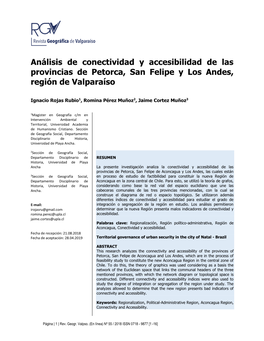 Análisis De Conectividad Y Accesibilidad De Las Provincias De Petorca, San Felipe Y Los Andes, Región De Valparaíso