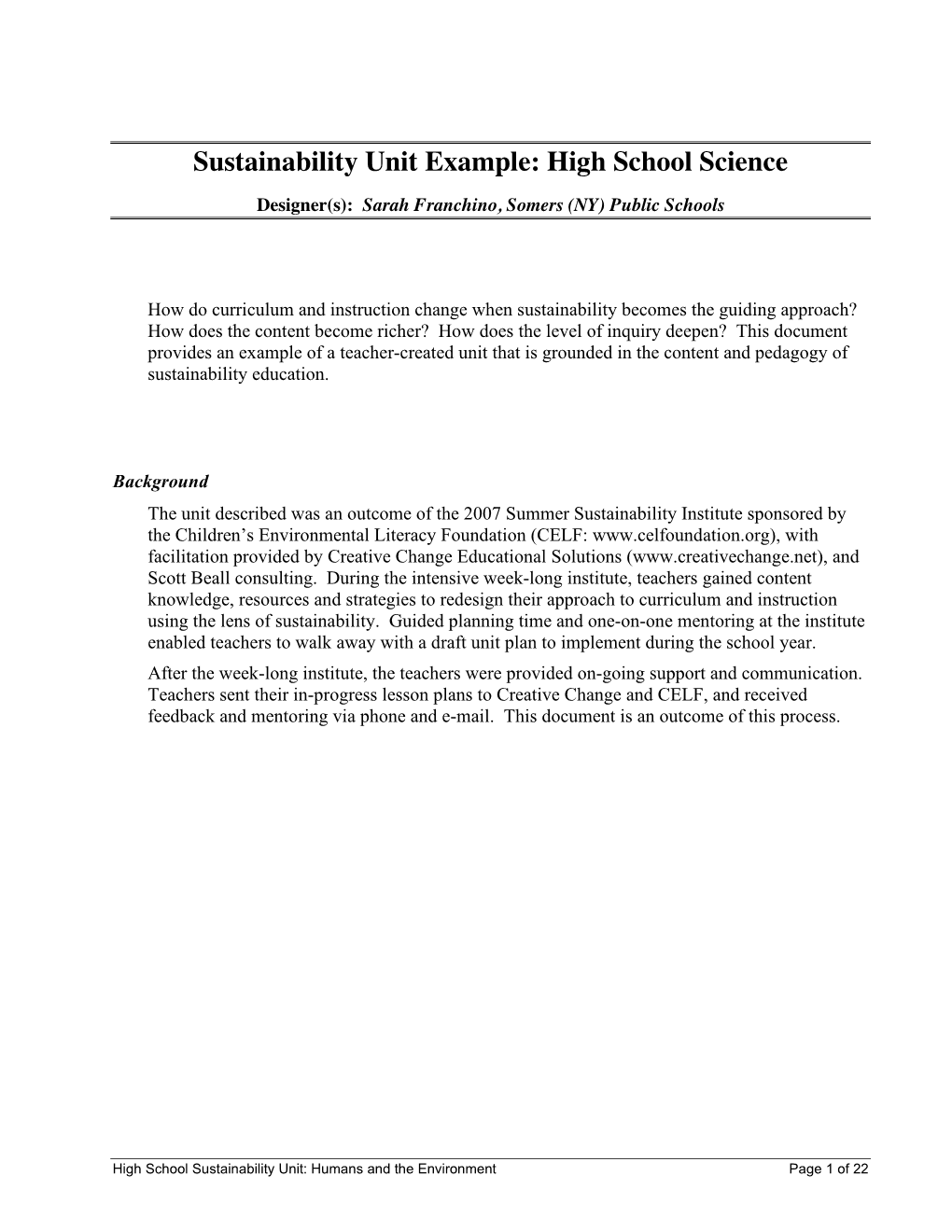 Sustainability Unit Example: High School Science