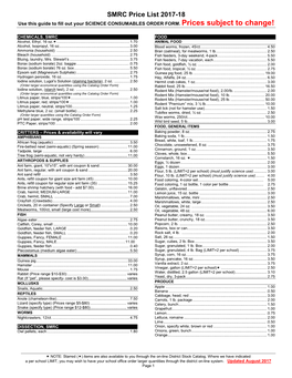 SMRC Price List 2017-18 Use This Guide to Fill out Your SCIENCE CONSUMABLES ORDER FORM
