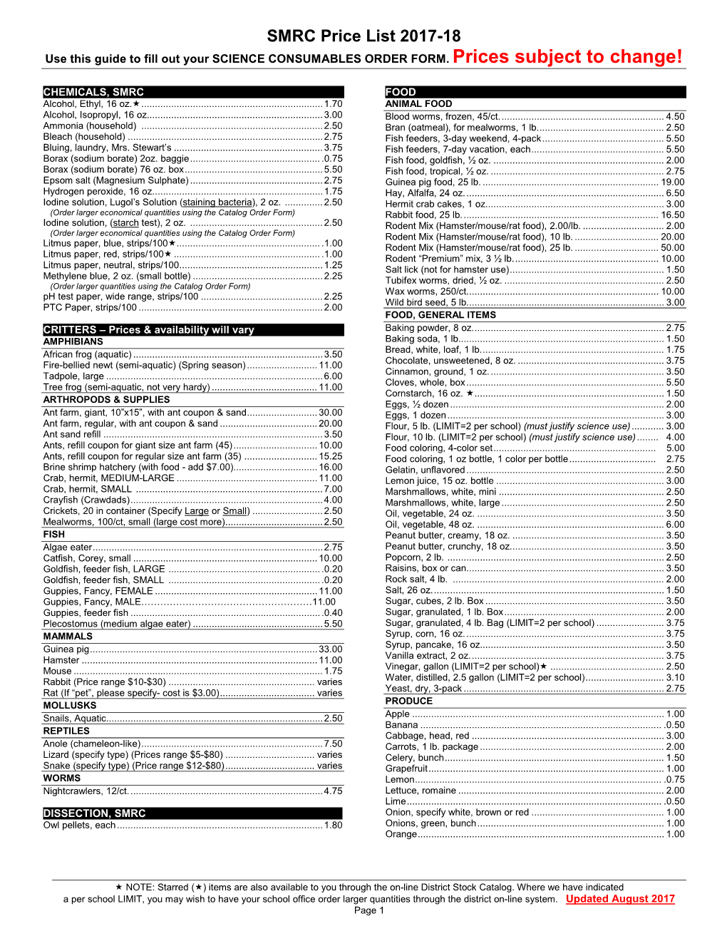 SMRC Price List 2017-18 Use This Guide to Fill out Your SCIENCE CONSUMABLES ORDER FORM