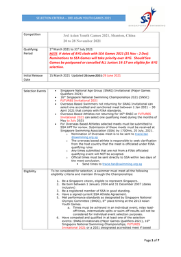 Selection Criteria – 3Rd Asian Youth Games 2021