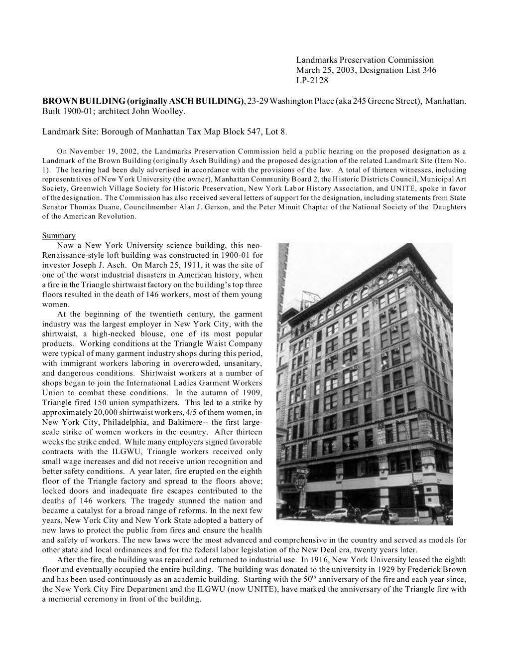 BROWN BUILDING (Originally ASCH BUILDING), 23-29 Washington Place (Aka 245 Greene Street), Manhattan