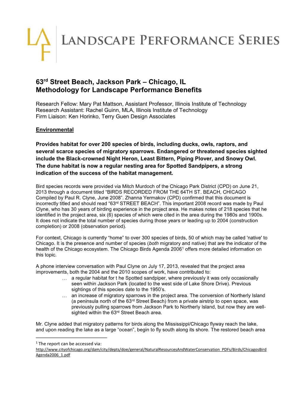 63Rd Street Beach, Jackson Park – Chicago, IL Methodology for Landscape Performance Benefits