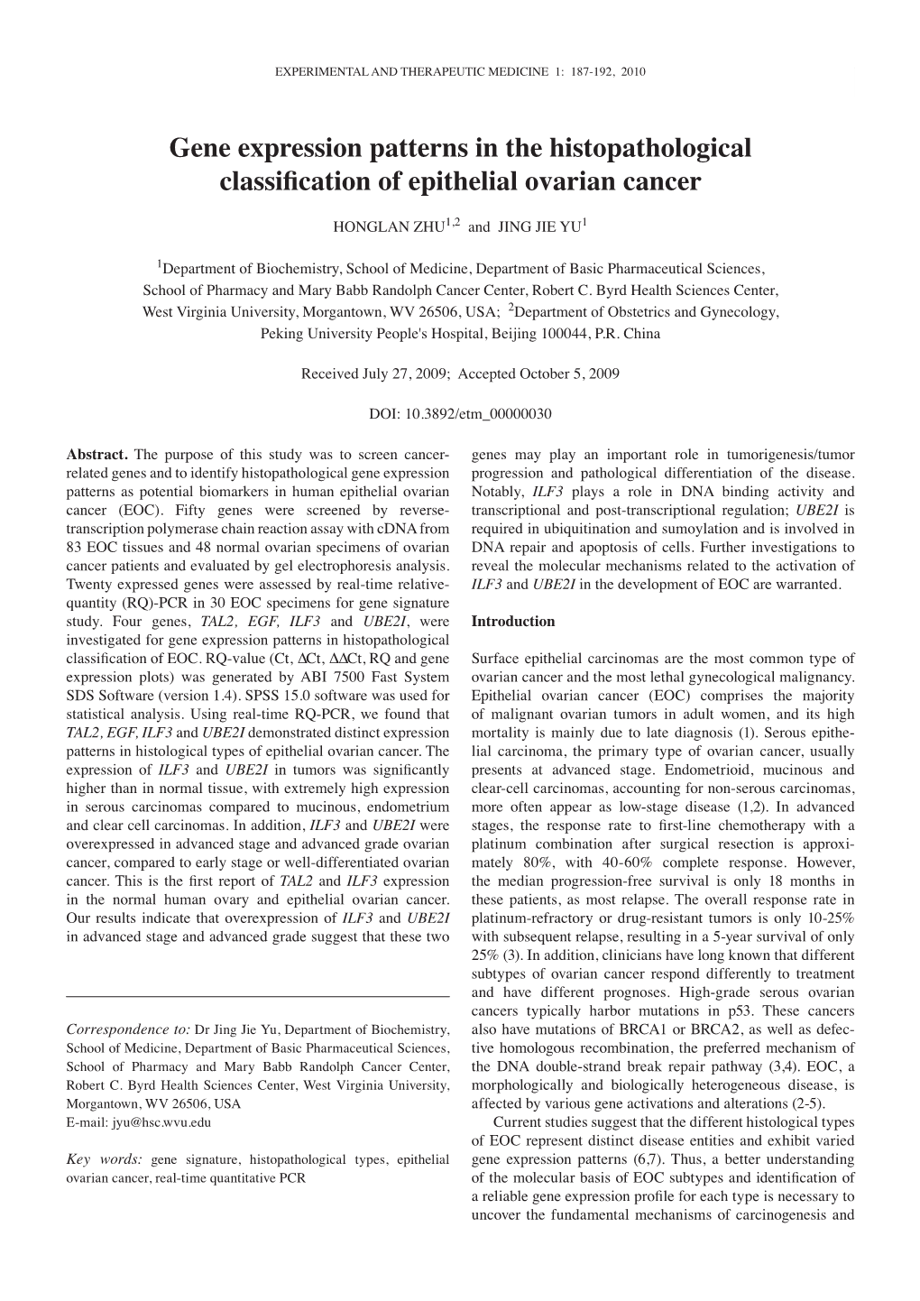 Gene Expression Patterns in the Histopathological Classification of Epithelial Ovarian Cancer