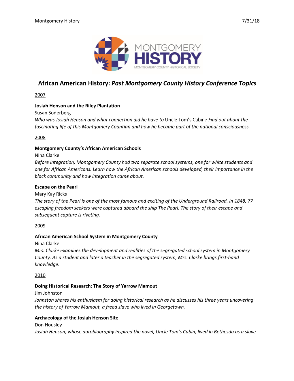 African American History: Past Montgomery County History Conference Topics