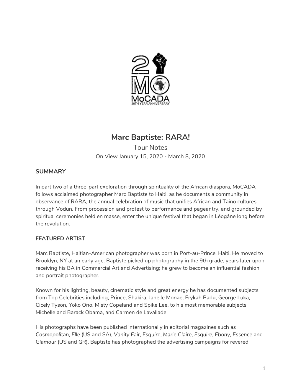 Marc Baptiste: RARA! Tour Notes on View January 15, 2020 - March 8, 2020