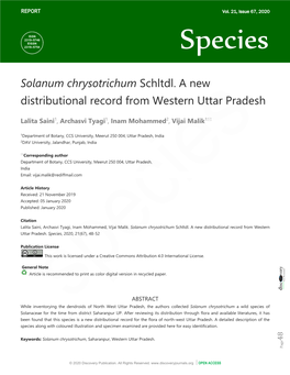 Solanum Chrysotrichum Schltdl. a New Distributional Record from Western Uttar Pradesh