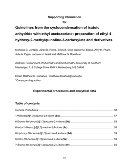 Quinolines from the Cyclocondensation of Isatoic Anhydride with Ethyl Acetoacetate: Preparation of Ethyl 4- Hydroxy-2-Methylquinoline-3-Carboxylate and Derivatives