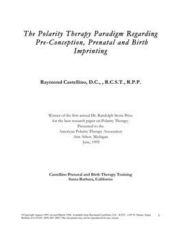 The Polarity Therapy Paradigm Regarding Pre-Conception, Prenatal and Birth Imprinting