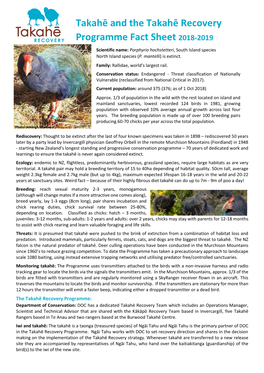 Takahē and the Takahē Recovery Programme Fact Sheet 2018-2019 Scientific Name: Porphyrio Hochstetteri, South Island Species North Island Species (P