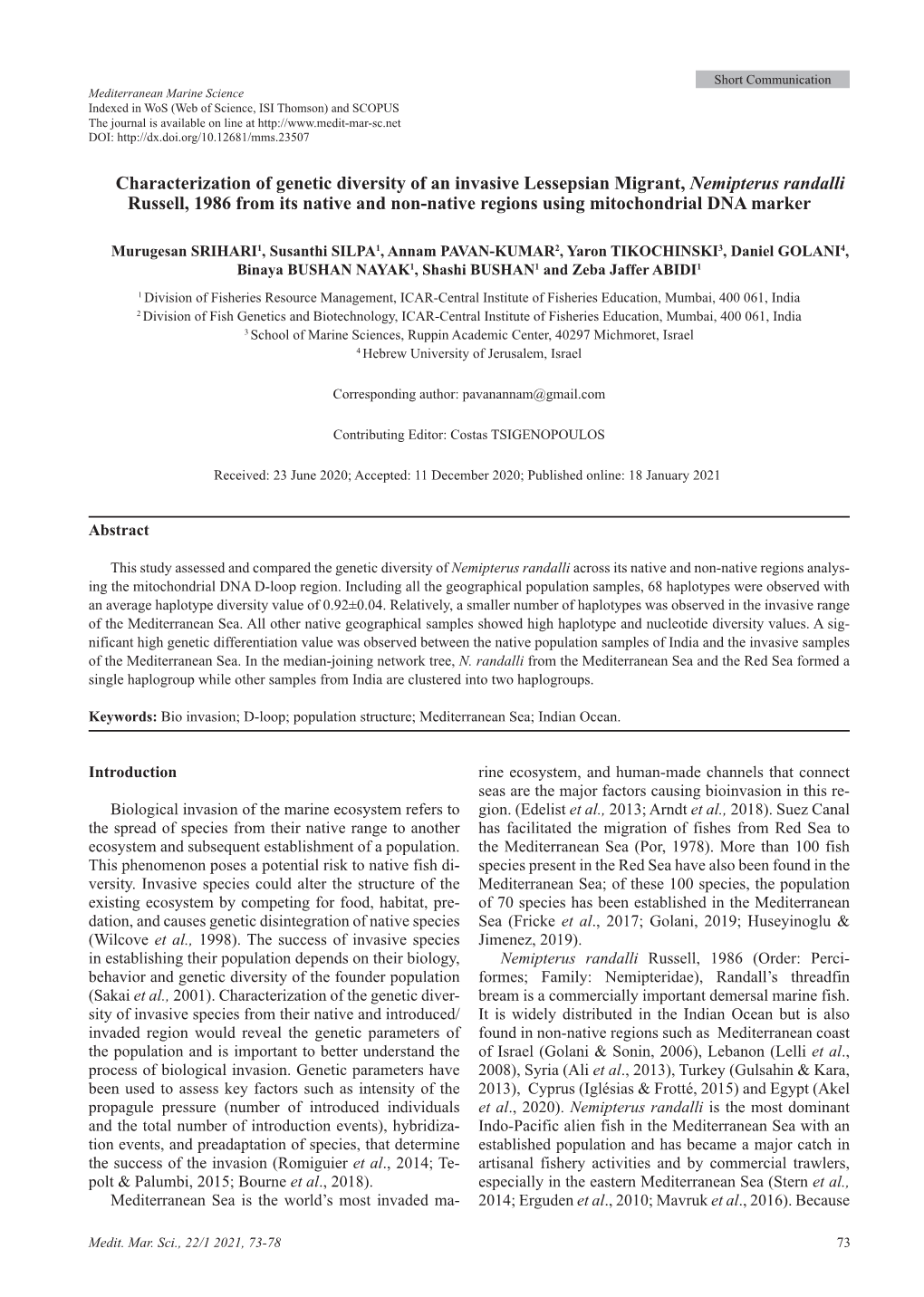 Characterization of Genetic Diversity of an Invasive Lessepsian Migrant