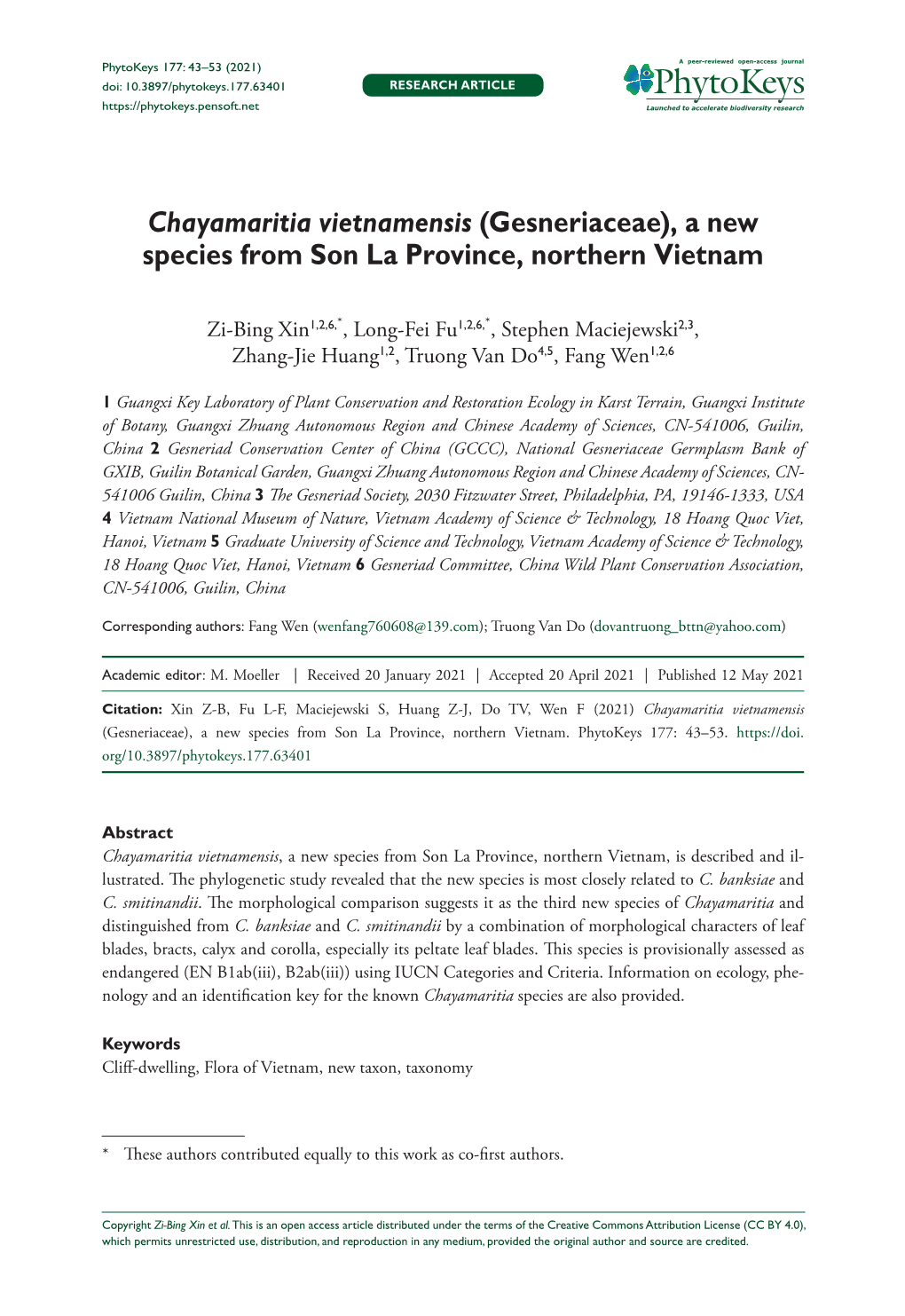 (Gesneriaceae), a New Species from Son La Province, Northern Vietnam