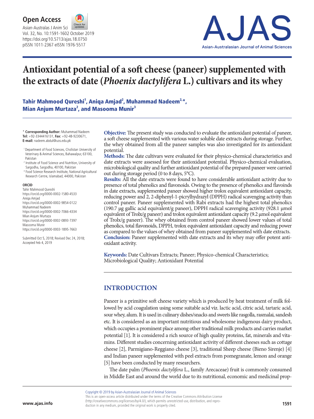 Antioxidant Potential of a Soft Cheese (Paneer) Supplemented with the Extracts of Date (Phoenix Dactylifera L.) Cultivars and Its Whey