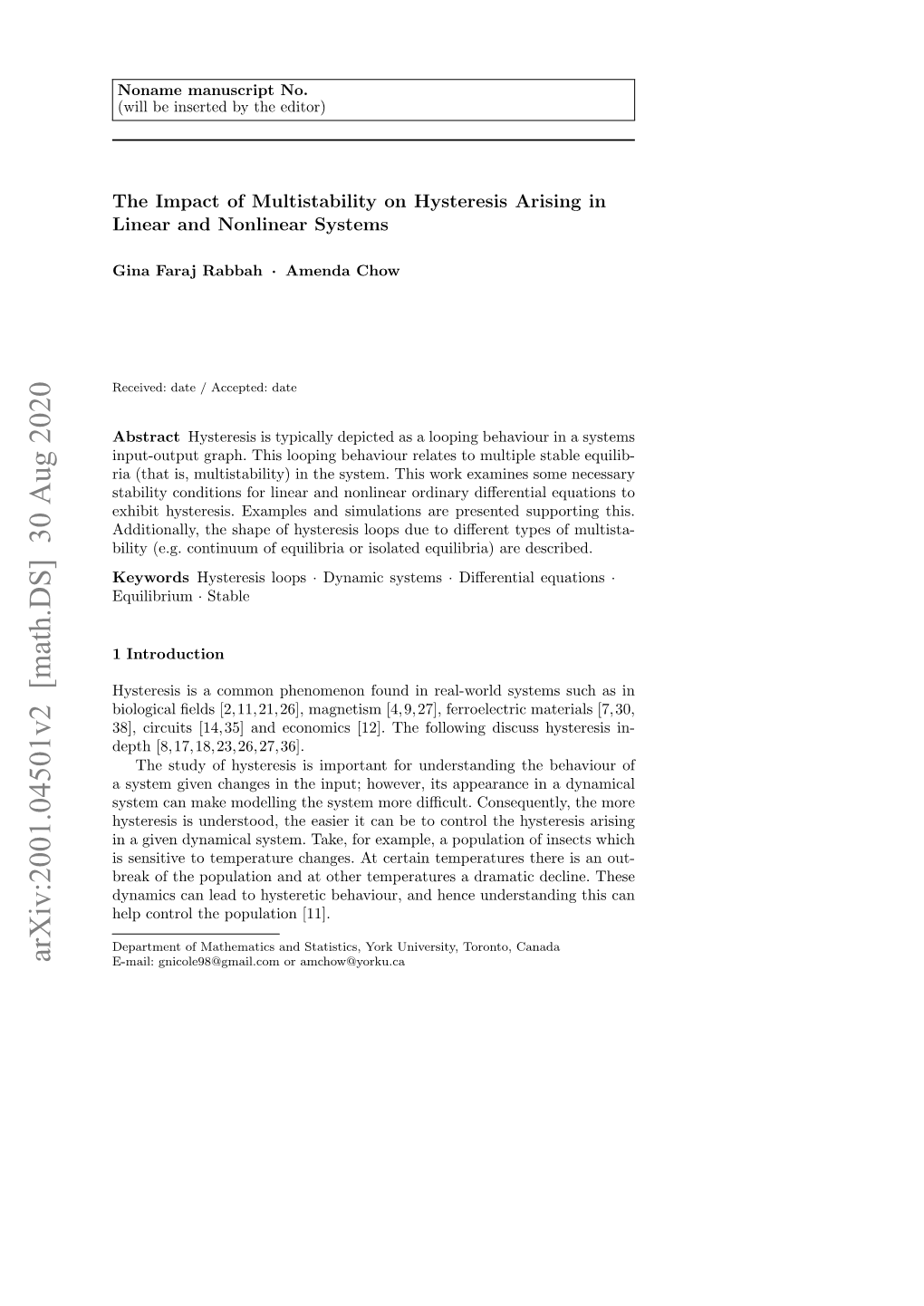 Arxiv:2001.04501V2 [Math.DS] 30 Aug 2020 E-Mail: Gnicole98@Gmail.Com Or Amchow@Yorku.Ca 2 Gina Faraj Rabbah, Amenda Chow