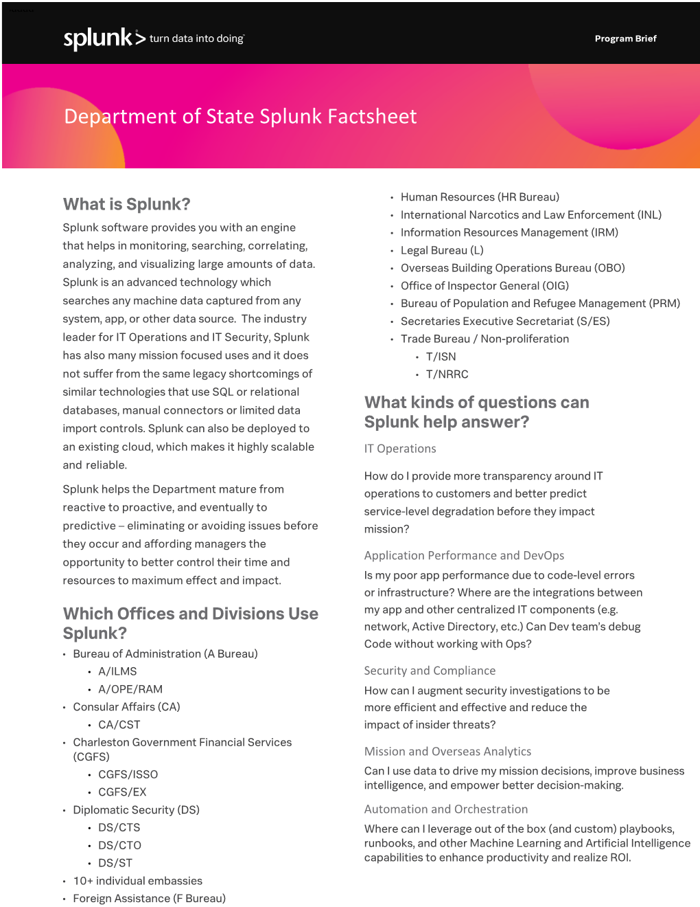 Department of State Splunk Factsheet