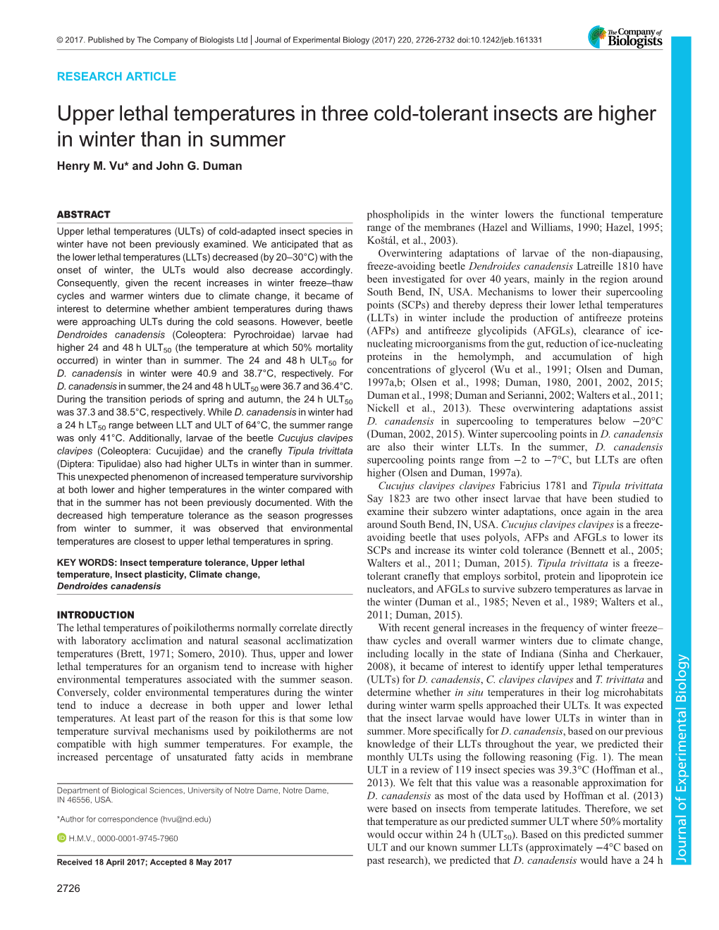Upper Lethal Temperatures in Three Cold-Tolerant Insects Are Higher in Winter Than in Summer Henry M