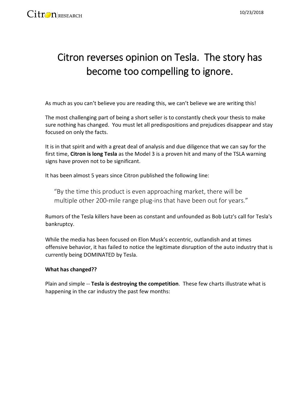 Citron Reverses Opinion on Tesla. the Story Has Become Too Compelling to Ignore