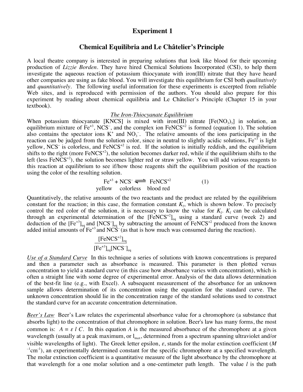 Experiment 1 Chemical Equilibria and Le Châtelier's Principle