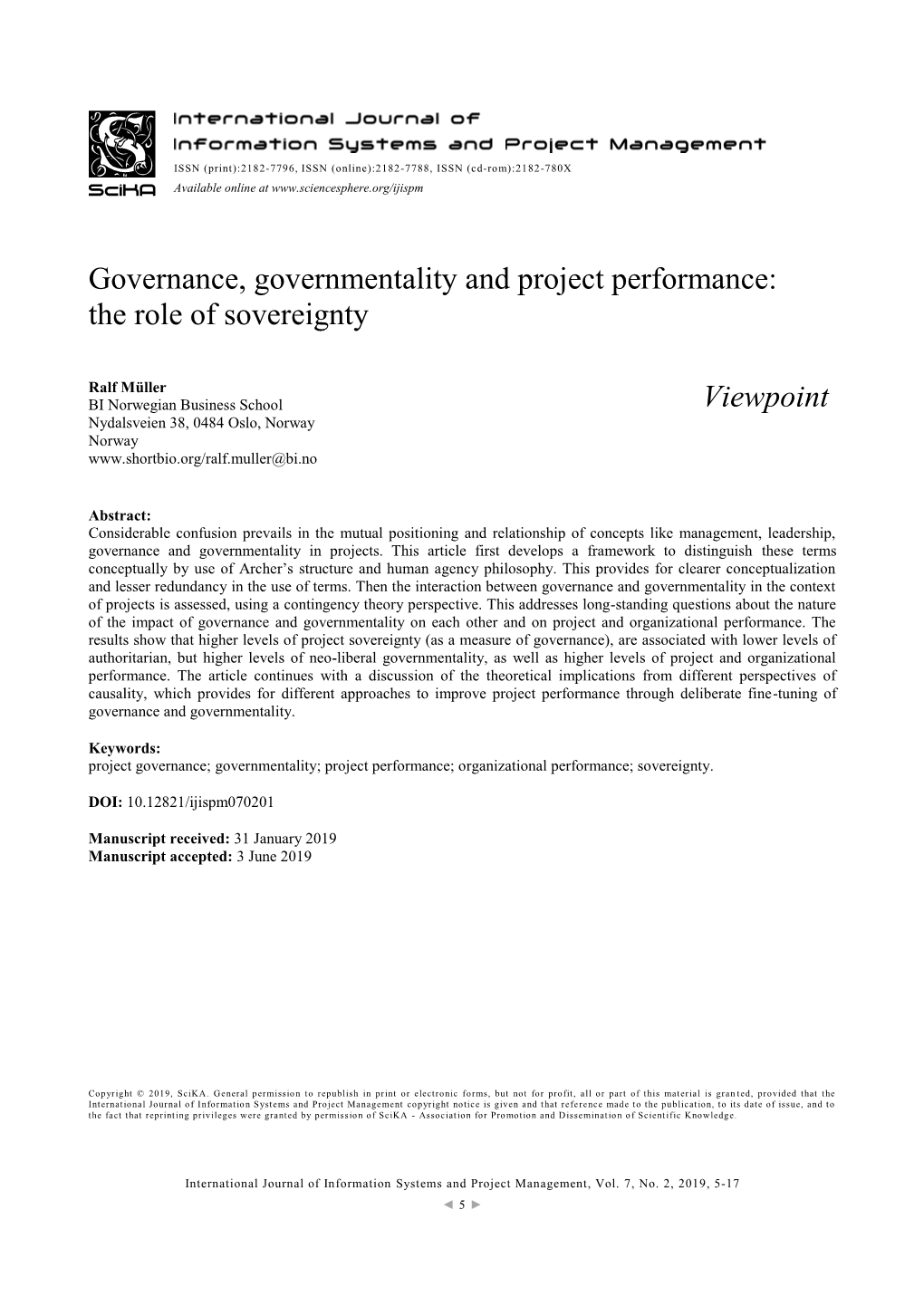 Governance, Governmentality and Project Performance: the Role of Sovereignty Viewpoint