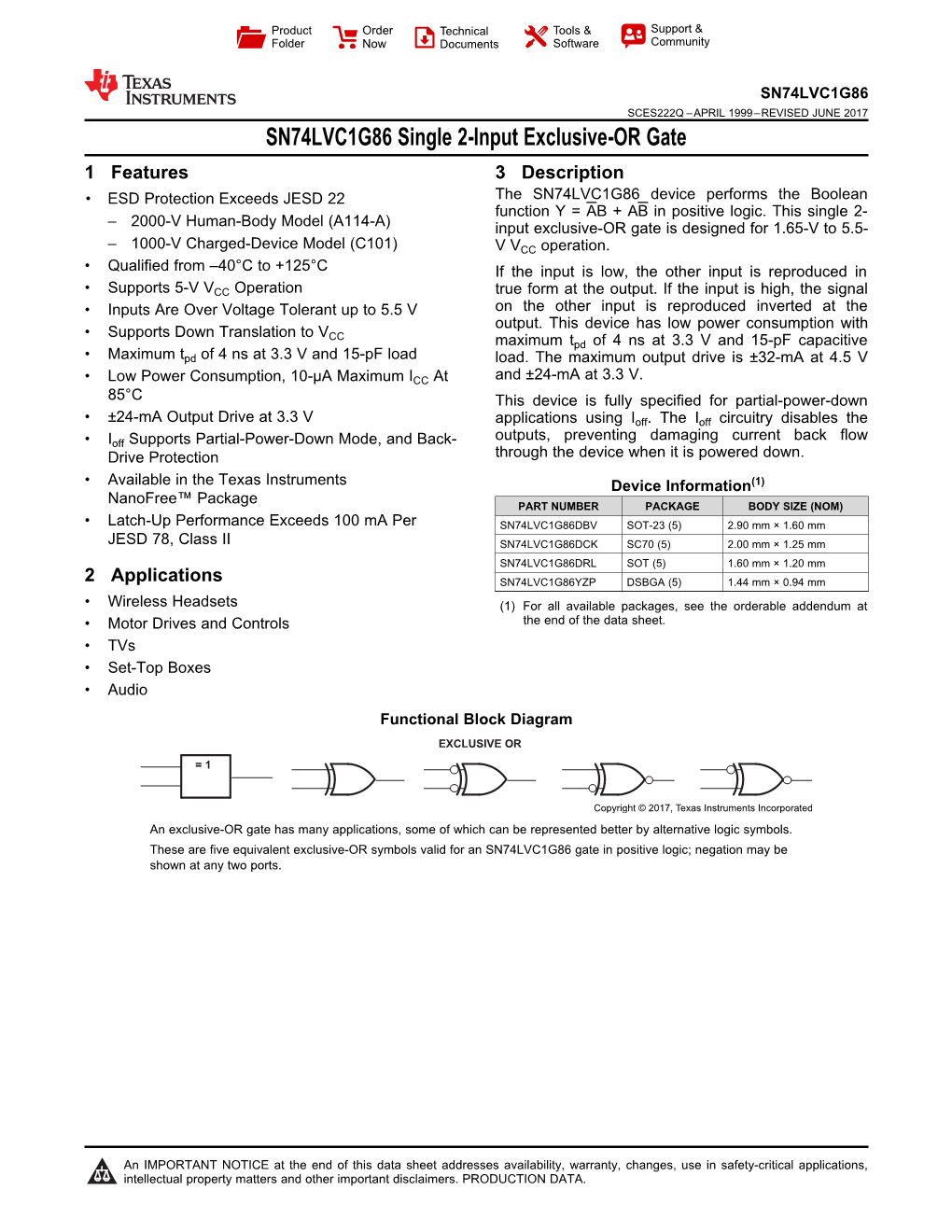 SN74LVC1G86 Single 2-Input Exclusive-OR Gate Datasheet (Rev. Q)