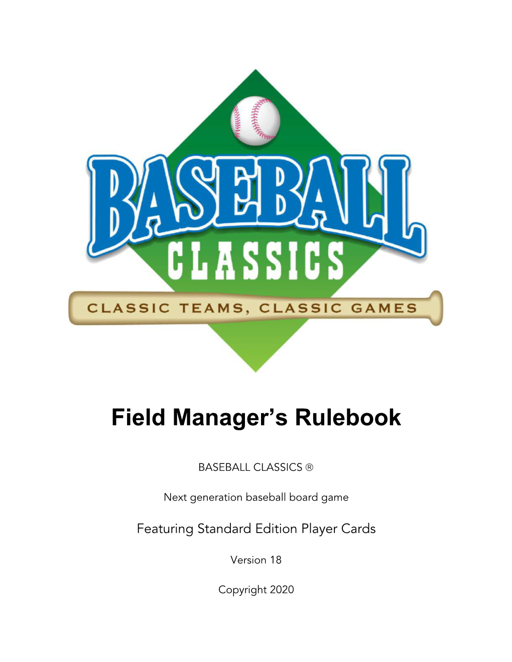 Baseball Classics Field Managers Rulebook Standard Edition V18 P&P