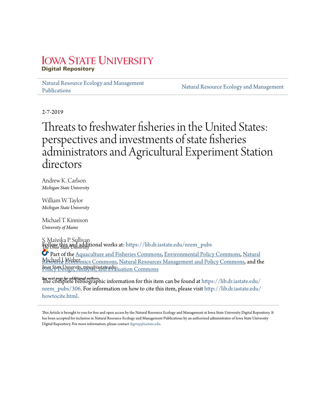 Threats to Freshwater Fisheries in the United States