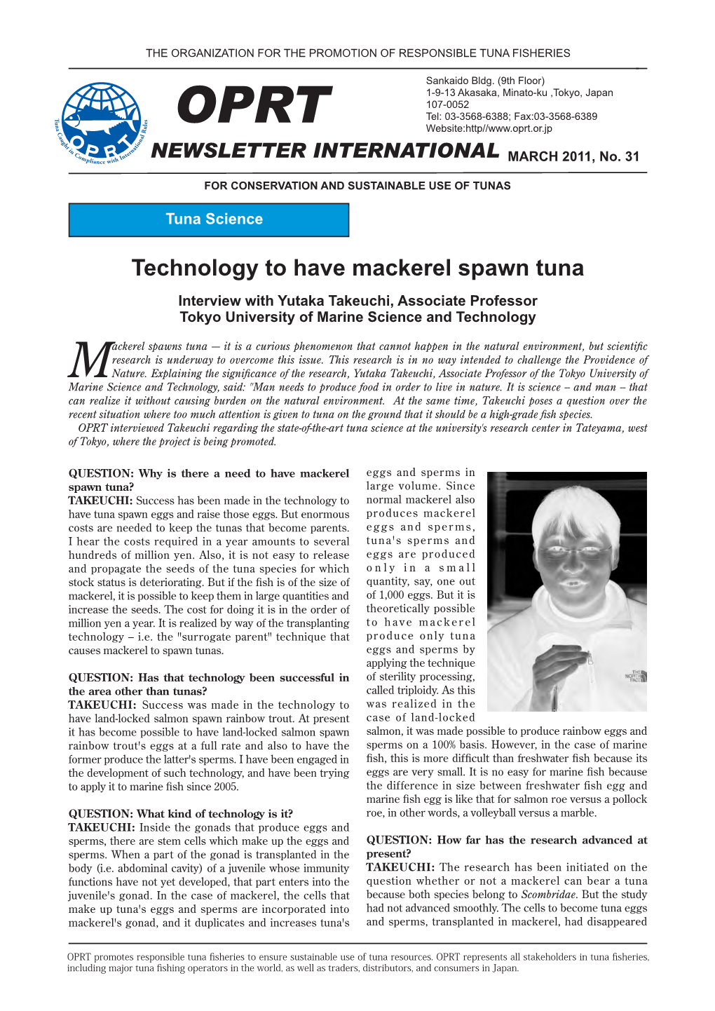Technology to Have Mackerel Spawn Tuna Interview with Yutaka Takeuchi, Associate Professor Tokyo University of Marine Science and Technology