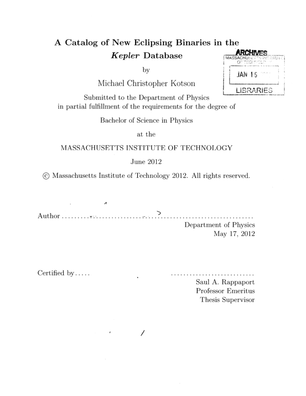 Kepler Database Michael Christopher Kotson L