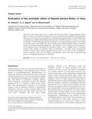 Evaluation of the Anxiolytic Effect of Nepeta Persica Boiss. in Mice