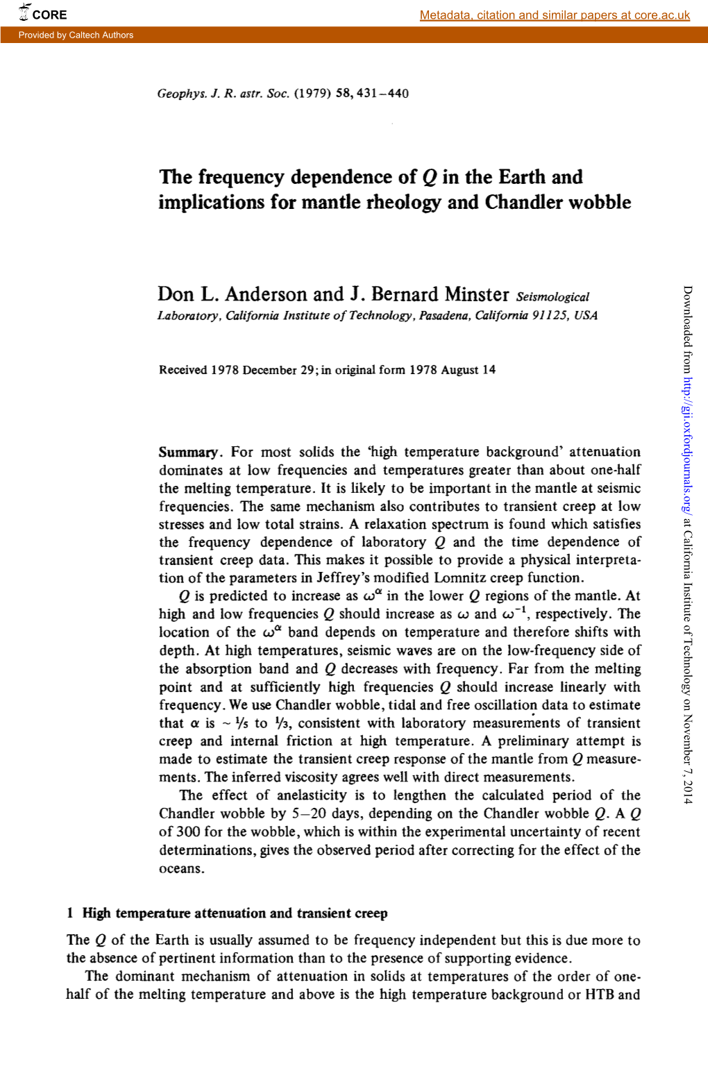The Frequency Dependence of Q in the Earth and Implications for Mantle Rheology and Chandler Wobble Downloaded from Don L