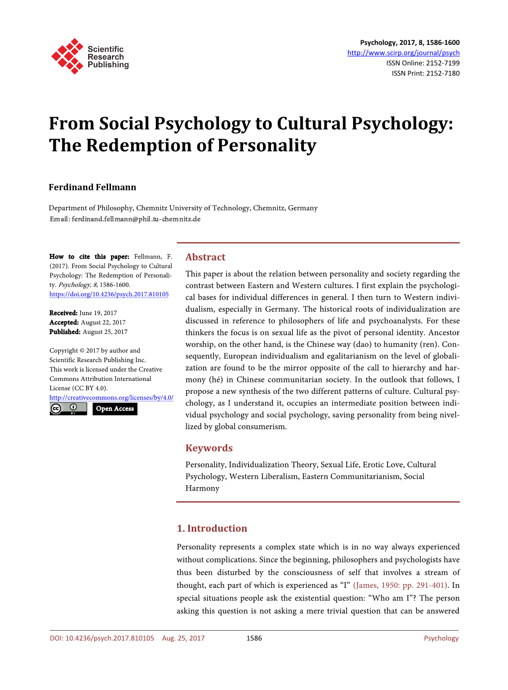 From Social Psychology to Cultural Psychology: the Redemption of Personality
