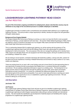 LOUGHBOROUGH LIGHTNING PATHWAY HEAD COACH Job Ref: REQ17533