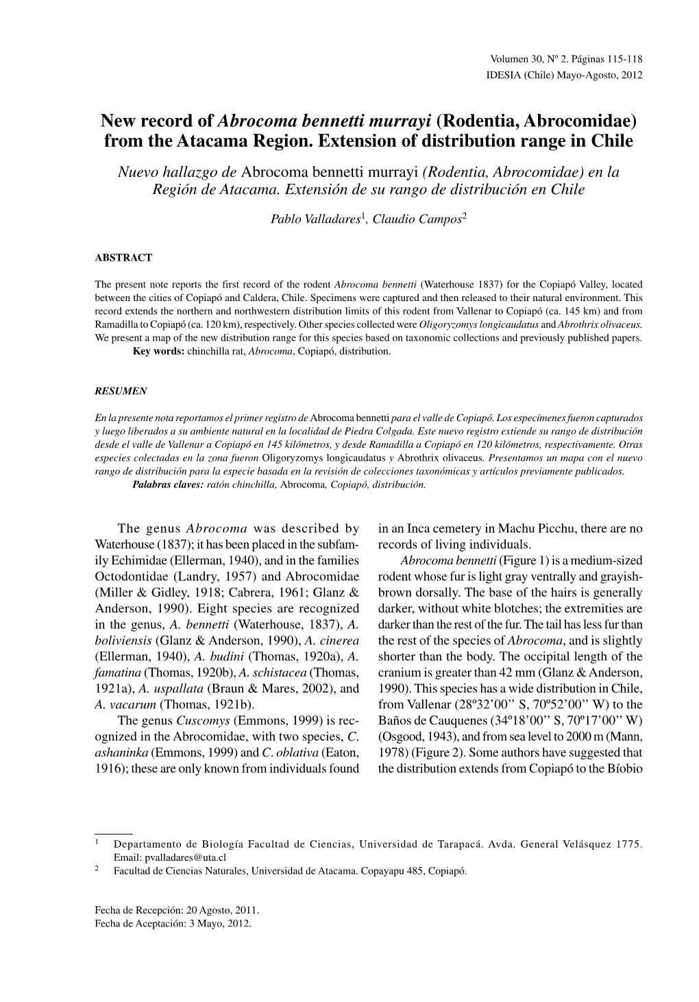 New Record of Abrocoma Bennetti Murrayi (Rodentia, Abrocomidae) from the Atacama Region