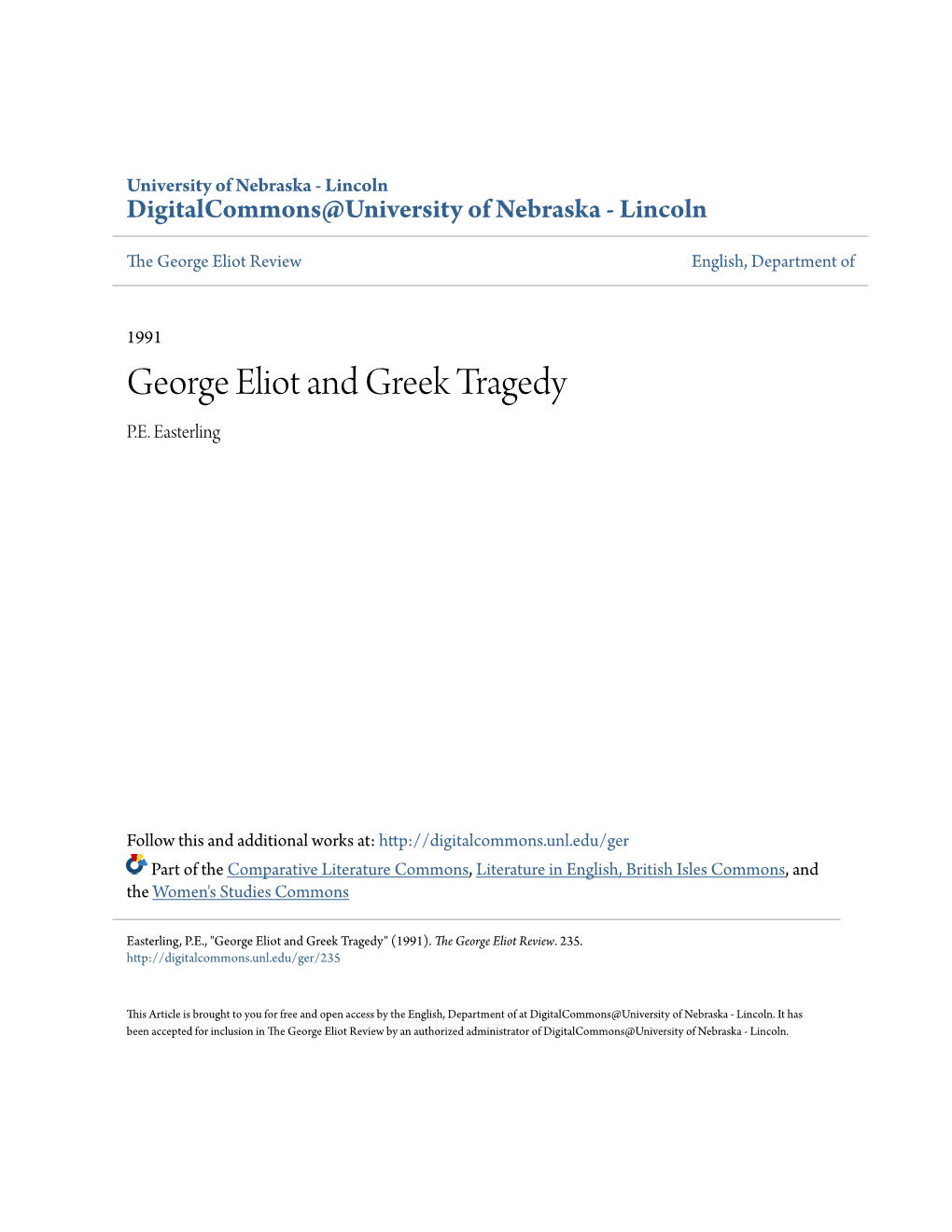 George Eliot and Greek Tragedy P.E