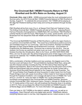 The Cincinnati Bell / WEBN Fireworks Return to P&G Riverfest and Go 80'S Retro on Sunday, August 31