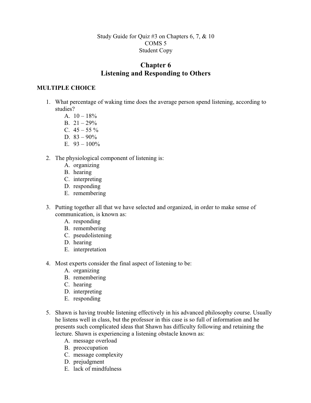 Study Guide For Quiz #3 On Chapters 6, 7, & 10