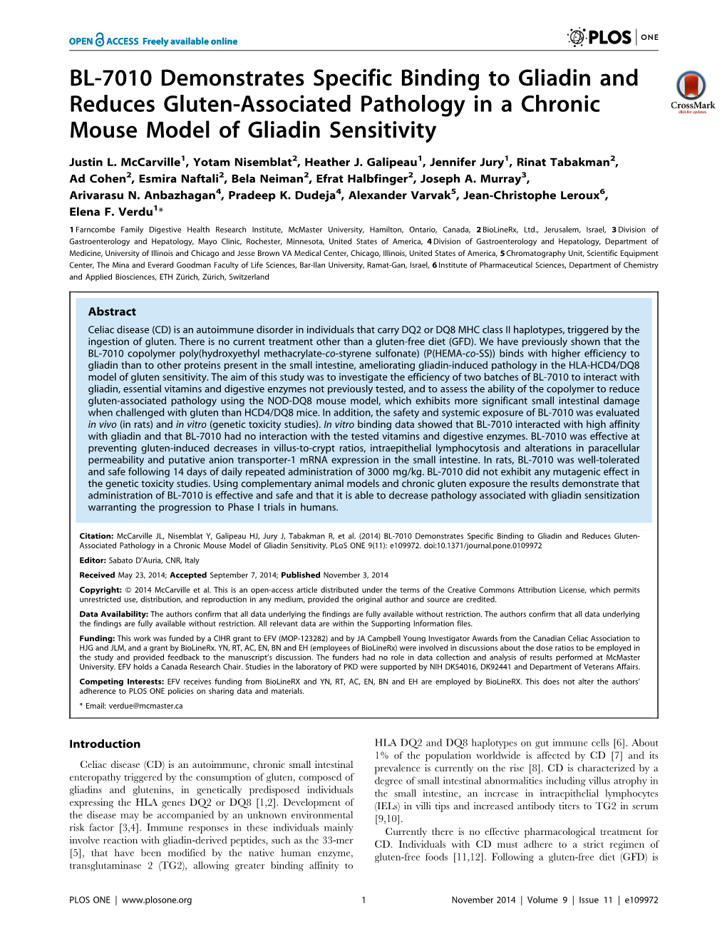 BL-7010 Demonstrates Specific Binding to Gliadin and Reduces Gluten-Associated Pathology in a Chronic Mouse Model of Gliadin Sensitivity