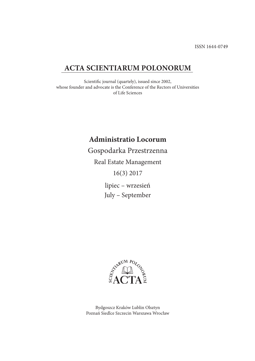 ACTA SCIENTIARUM POLONORUM Administratio Locorum Gospodarka