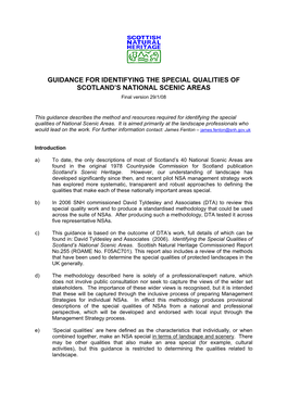 GUIDANCE for IDENTIFYING the SPECIAL QUALITIES of SCOTLAND’S NATIONAL SCENIC AREAS Final Version 29/1/08