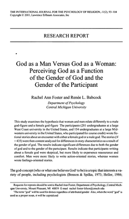 God As a Man Versus God As a Woman: Perceiving God As a Function of the Gender of God and the Gender of the Participant