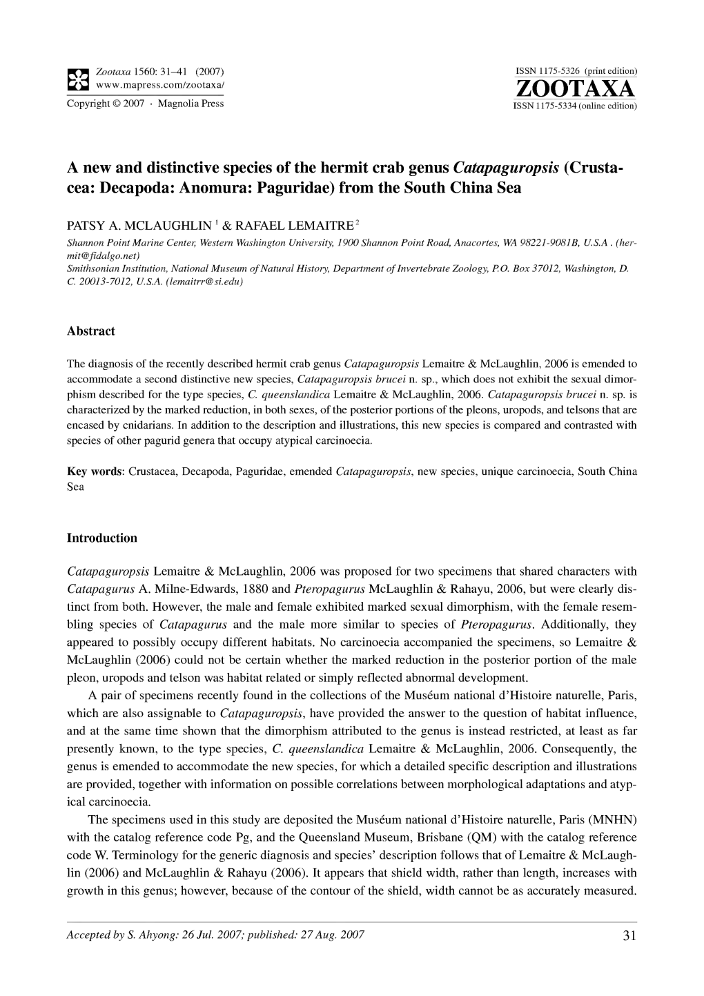 Zootaxa,A New and Distinctive Species of the Hermit Crab Genus