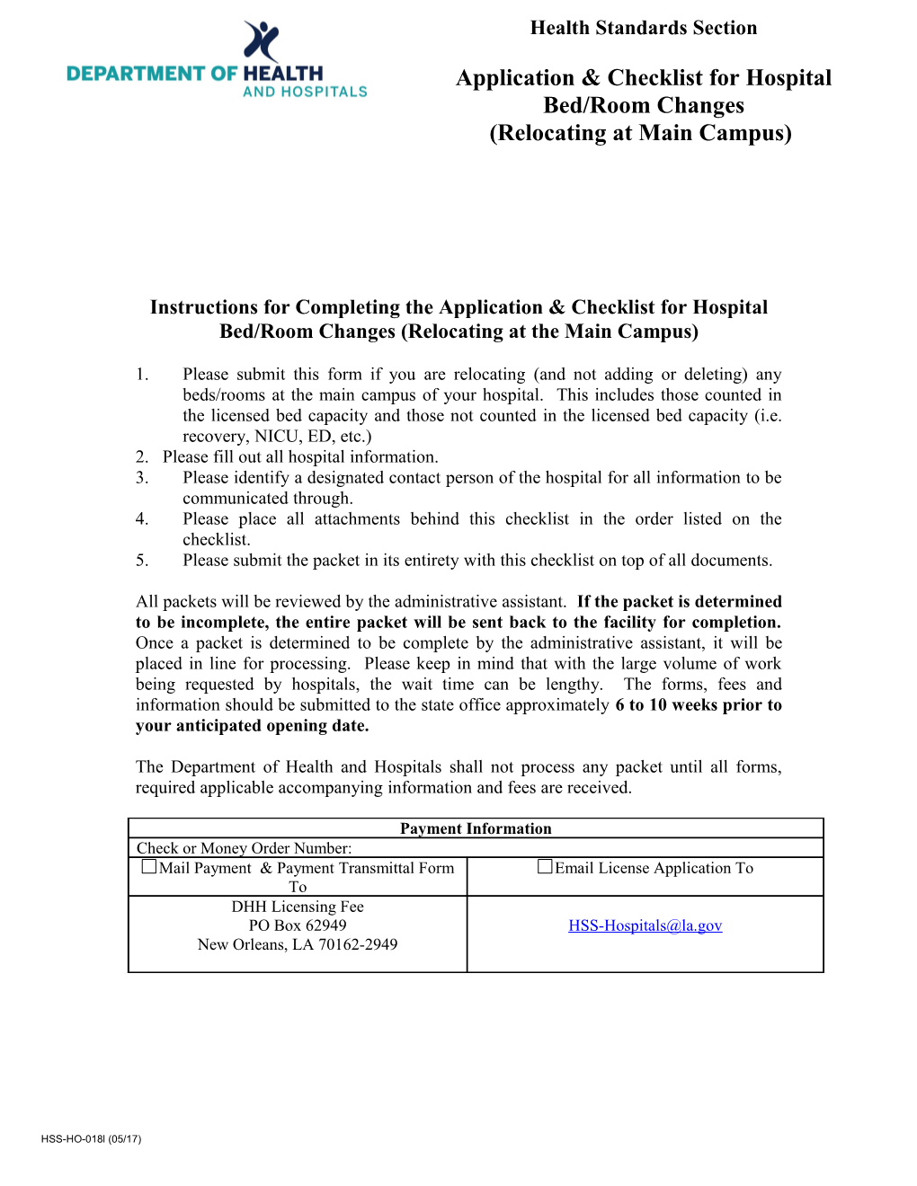 Application & Checklist for Hospital Bed/Room Changes (Relocating at the Main Campus)