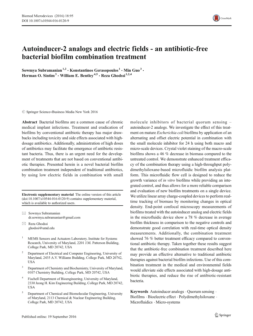 Autoinducer-2 Analogs and Electric Fields - an Antibiotic-Free Bacterial Biofilm Combination Treatment