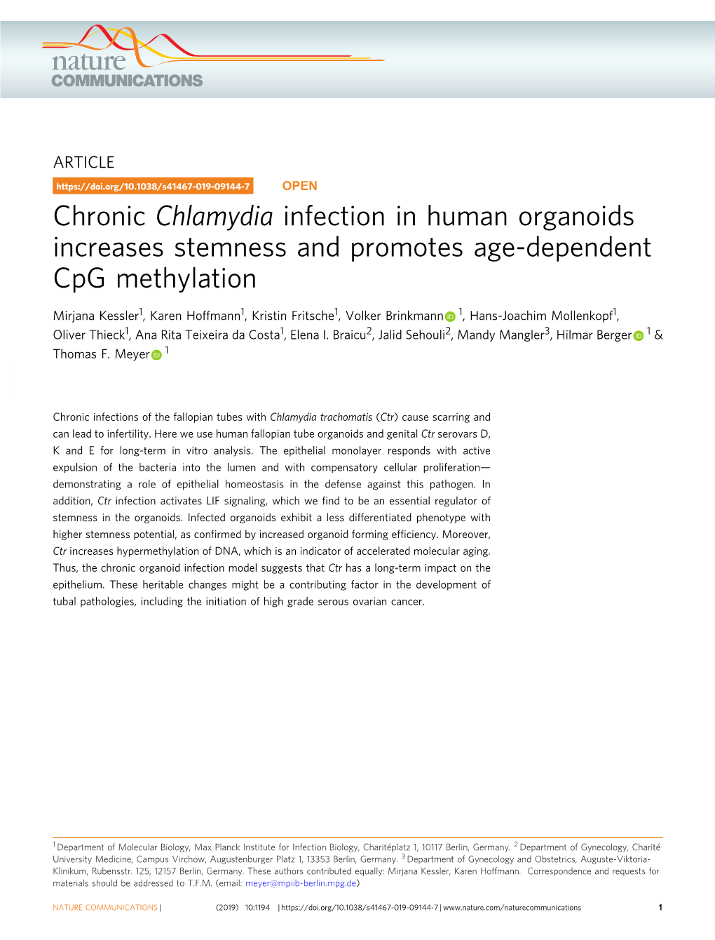 Chronic Chlamydia Infection in Human Organoids Increases Stemness and Promotes Age-Dependent Cpg Methylation