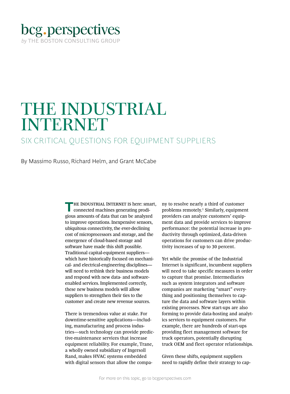 The Industrial Internet Six Critical Questions for Equipment Suppliers