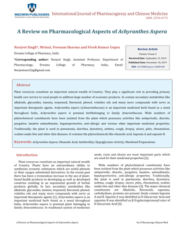 A Review on Pharmacological Aspects of Achyranthes Aspera